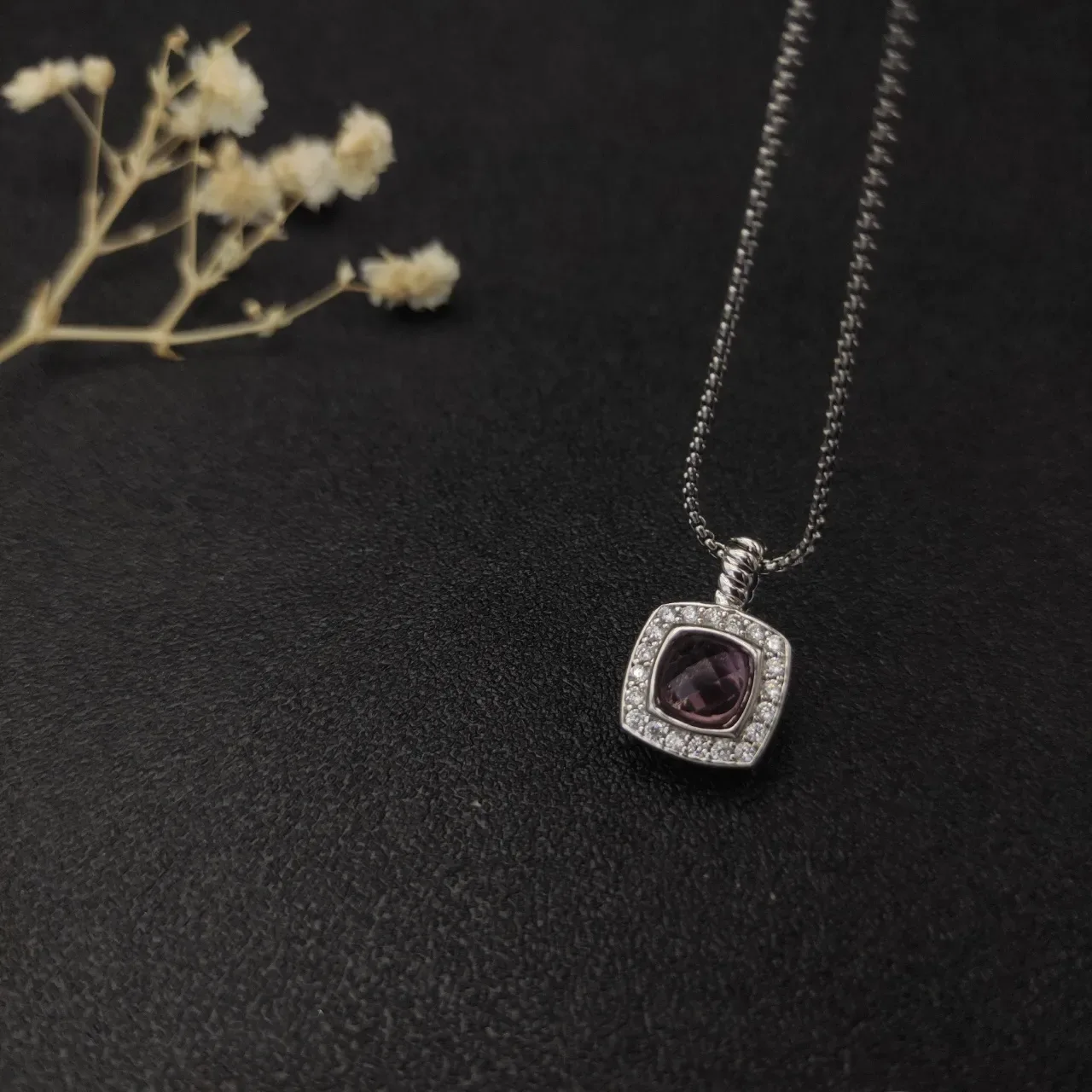David Yurman Albion Square Cushion Purple Gemstone Pavé Halo Necklace 5