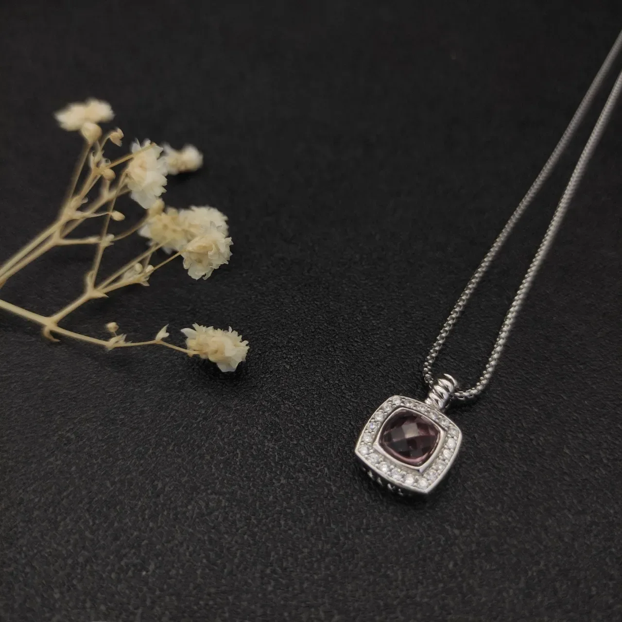 David Yurman Albion Square Cushion Purple Gemstone Pavé Halo Necklace 6