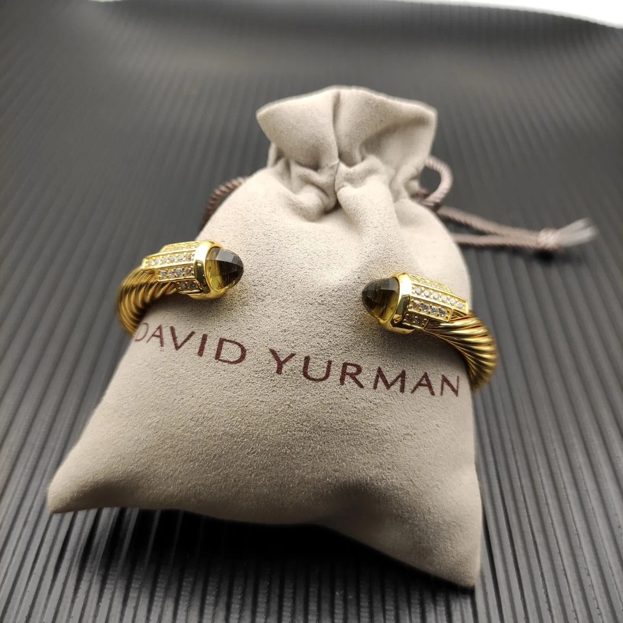 David Yurman Cable Classic Gold Brown Twisted Pavé-Set Terminals Bracelet 7
