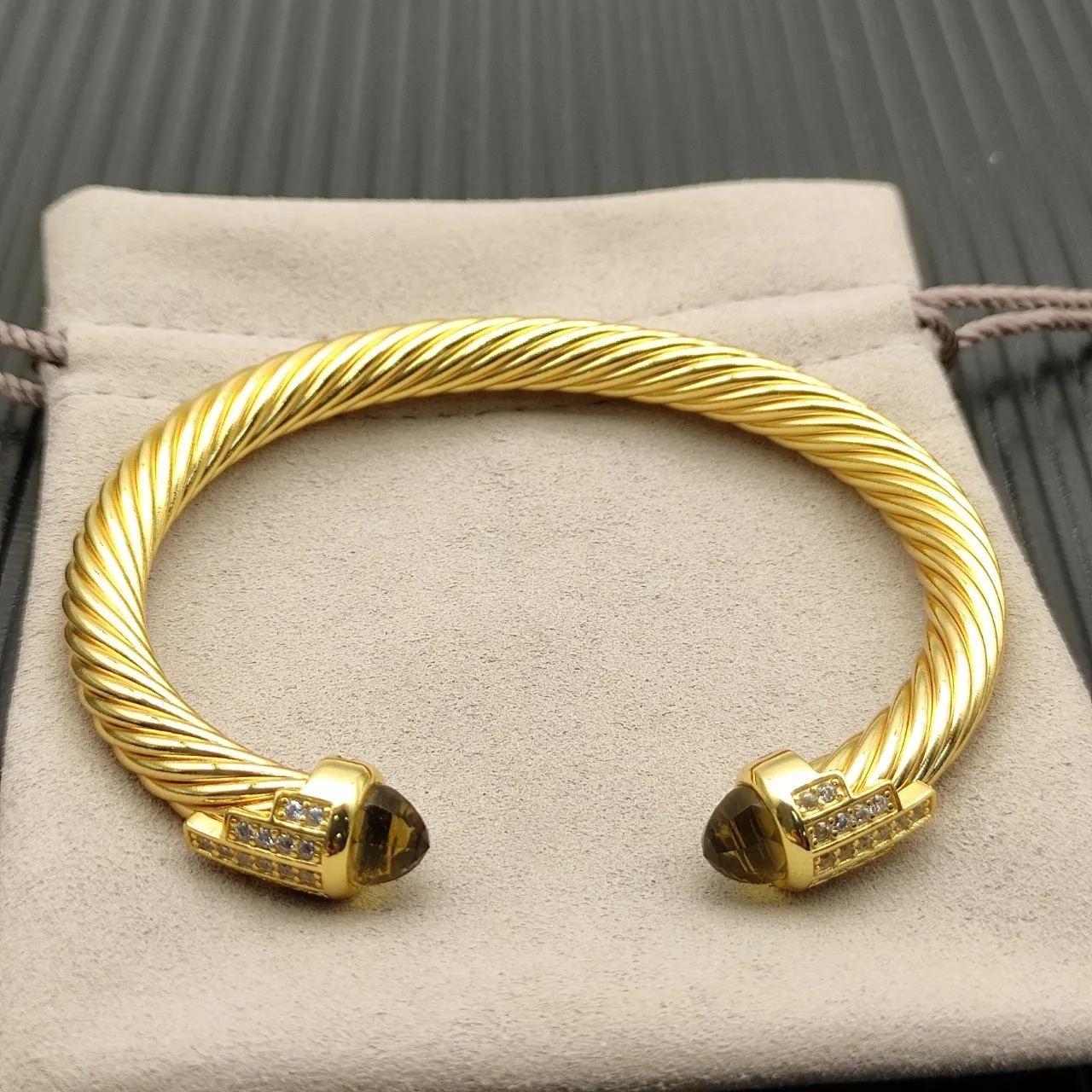 David Yurman Cable Classic Gold Brown Twisted Pavé-Set Terminals Bracelet 8