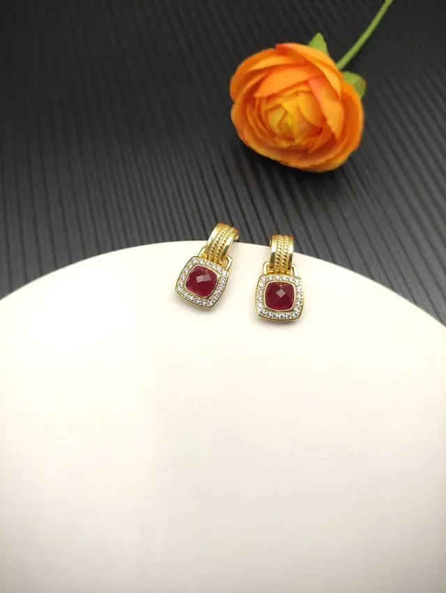 David Yurman Cable Collectibles Square Red Gemstone and Diamond Halo Drop Earrings 4