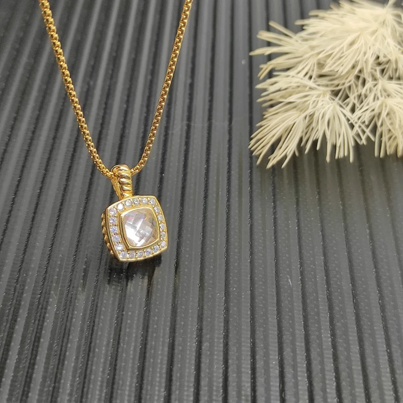 David Yurman Ouro Bege Corrente Curb Chain Pedra Central Corte Cushion Quadrado Colar 5