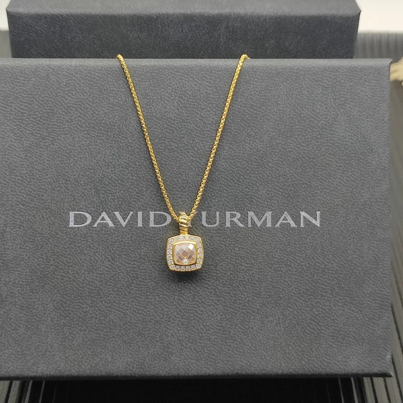 David Yurman Ouro Bege Corrente Curb Chain Pedra Central Corte Cushion Quadrado Colar 6