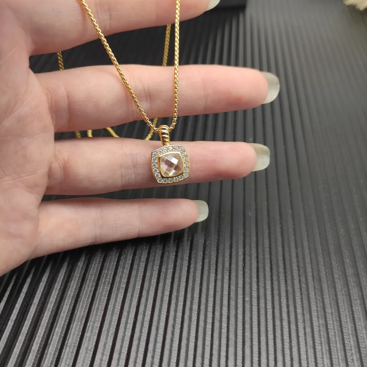 David Yurman Ouro Bege Corrente Curb Chain Pedra Central Corte Cushion Quadrado Colar 7