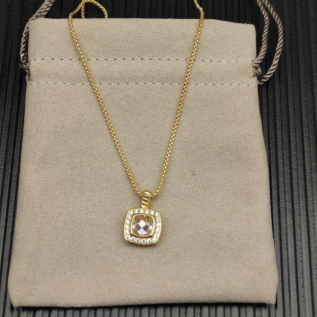 David Yurman Ouro Bege Corrente Curb Chain Pedra Central Corte Cushion Quadrado Colar 8
