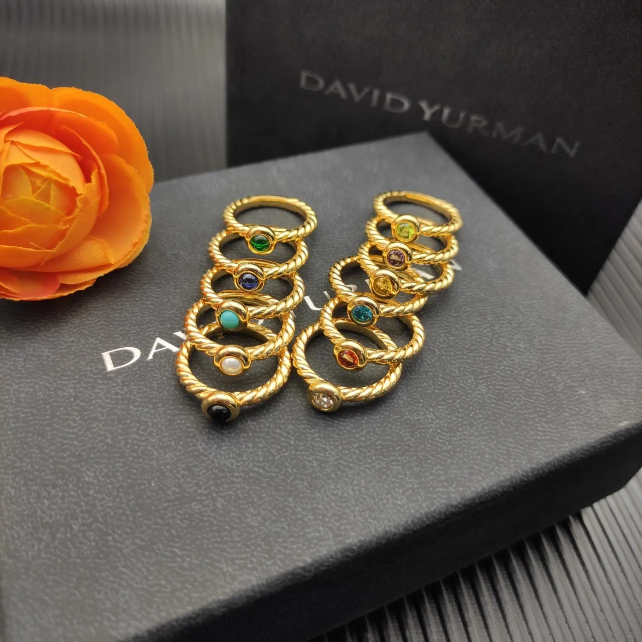 David Yurman Gold Beige Twisted Cable Band Single Bezel-Set Stone Ring 5