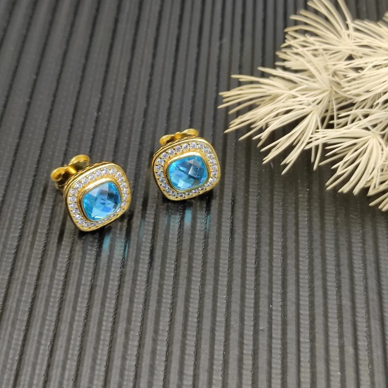 David Yurman Gold-Tone Cushion-Cut Blue Stone Pavé Halo Stud Earrings 6