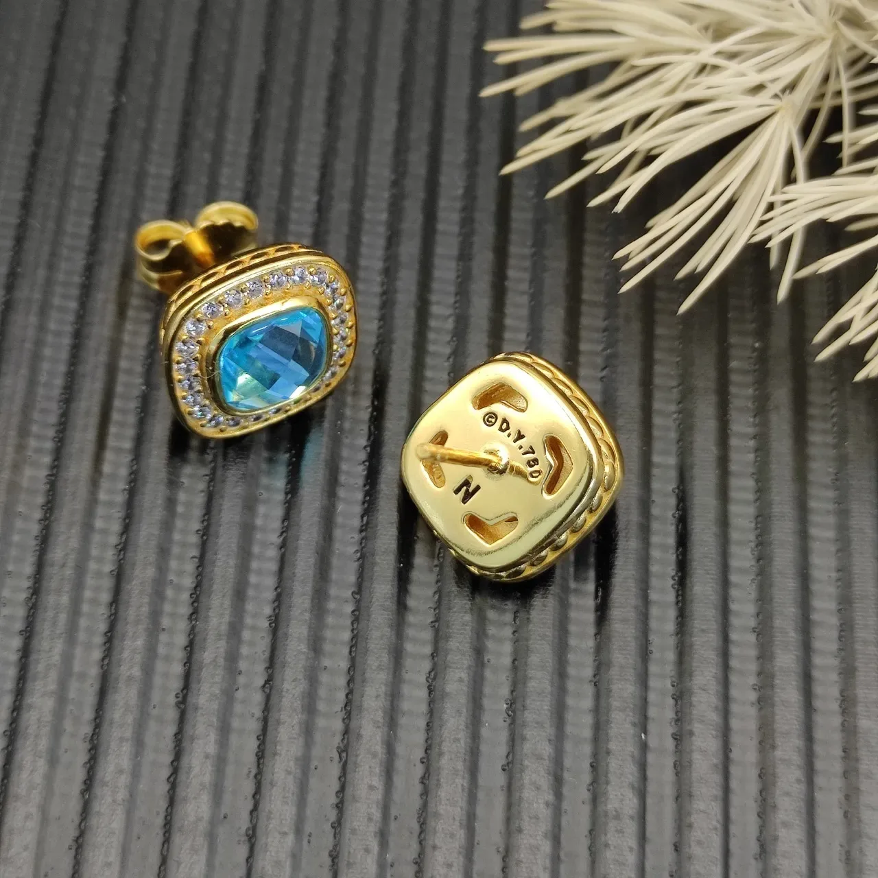 David Yurman Gold-Tone Cushion-Cut Blue Stone Pavé Halo Stud Earrings 7