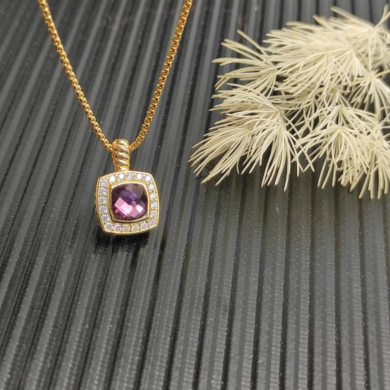 David Yurman Gold-Tone Purple Gemstone Halo Pendant Necklace 5