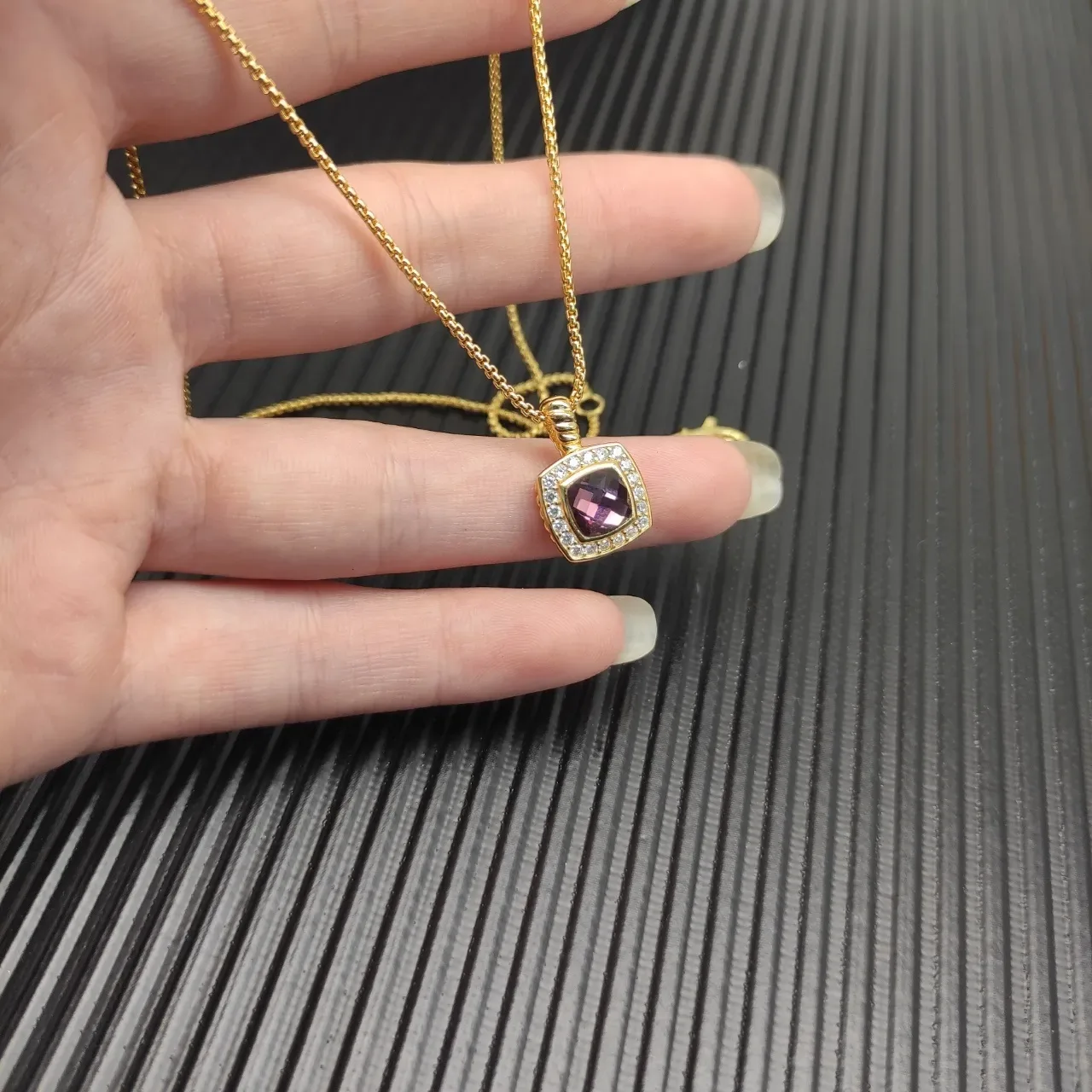 David Yurman Gold-Tone Purple Gemstone Halo Pendant Necklace 7