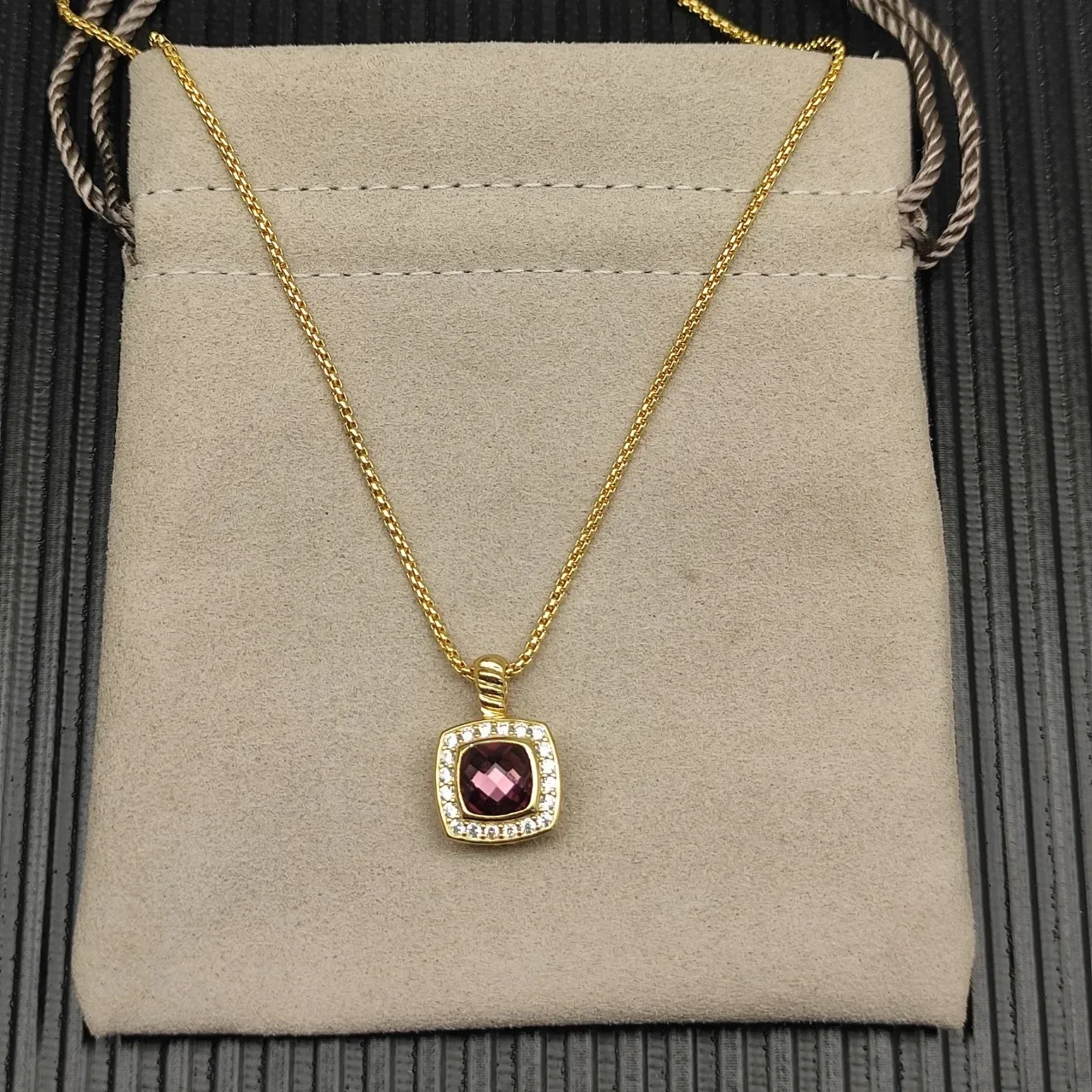 David Yurman Gold-Tone Purple Gemstone Halo Pendant Necklace 8