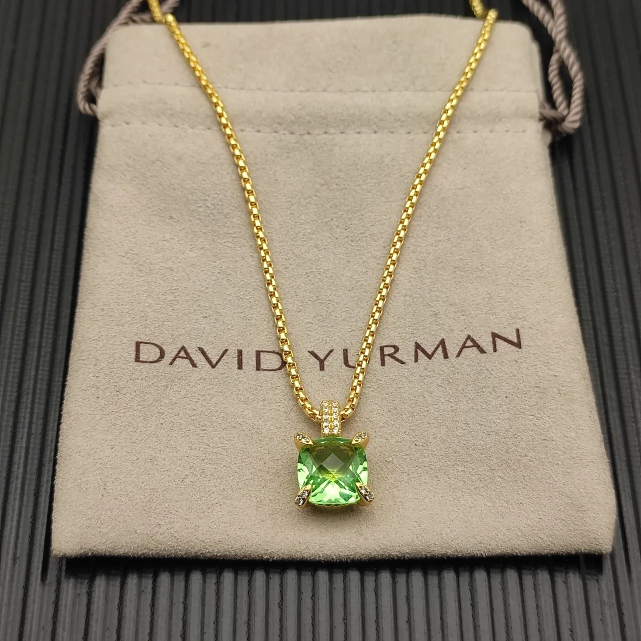 David Yurman Green Gold Box Chain Cushion-Cut Gemstone Necklace 8