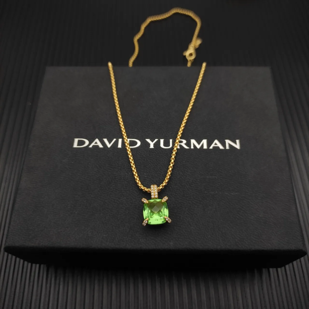 David Yurman Green Gold Box Chain Cushion-Cut Gemstone Necklace 4