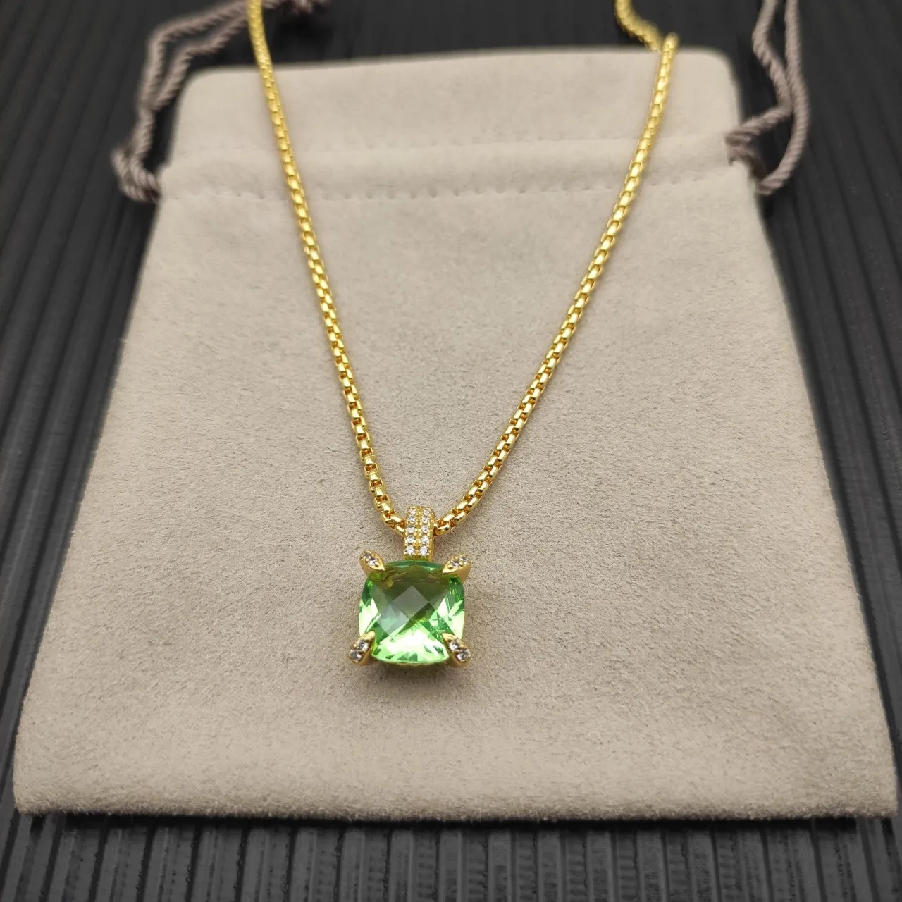 David Yurman Green Gold Box Chain Cushion-Cut Gemstone Necklace 7