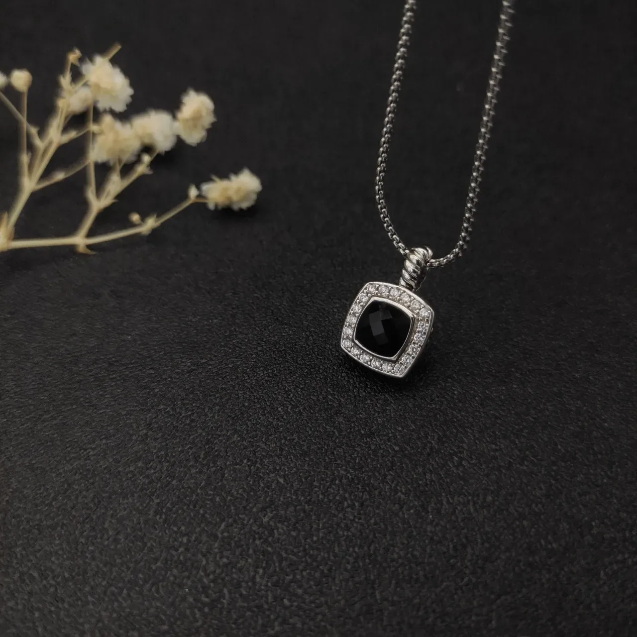 David Yurman Silver Black Cable Chain Pavé Halo Necklace 5