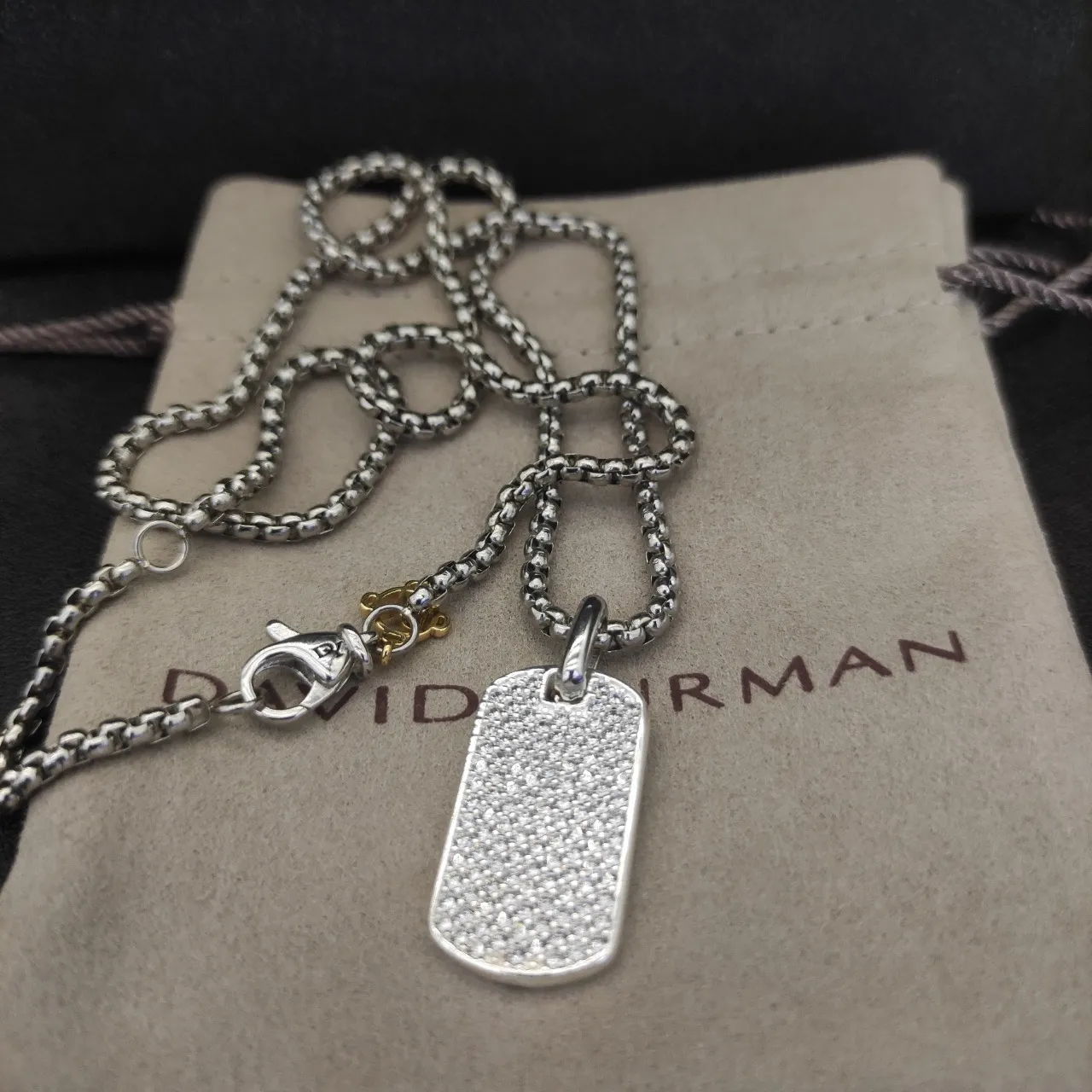 David Yurman Silver Gold Box-Chain Engraved Leaf-Chevron Pendant Necklace 4
