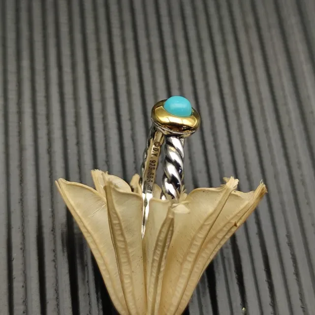 David Yurman Silver Gold Twisted Cable Band Bezel Ring 4