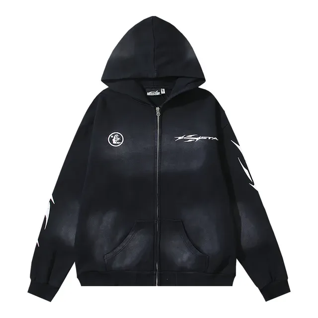 Distressed Black Graphic-Print Full-Zip Oversized Hoodie 5