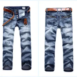 Distressed Mid-Rise Straight-Leg Button-Fly Blue Jeans