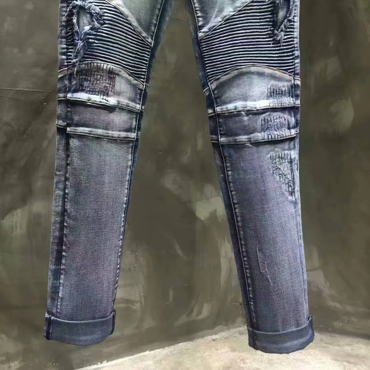 Distressed Moto-Panelled Patchwork Gray Jeans 7