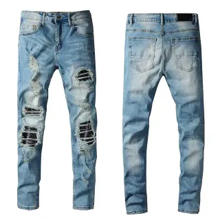 Distressed Slim-Fit Light-Wash Blue Jeans