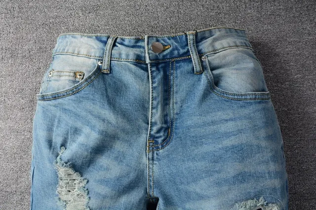 Distressed Slim-Fit Light-Wash Blue Jeans 10