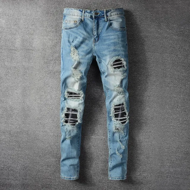 Distressed Slim-Fit Light-Wash Blue Jeans 12