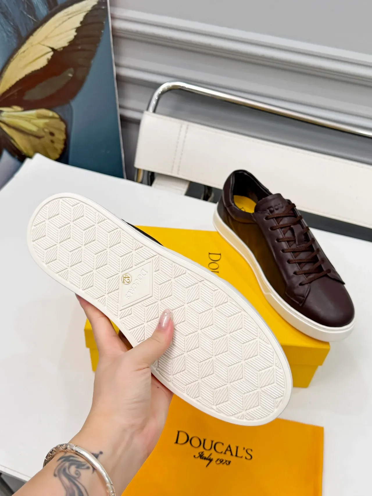 DOUCAL'S Brown Leather Low-Top Lifestyle Sneakers 3