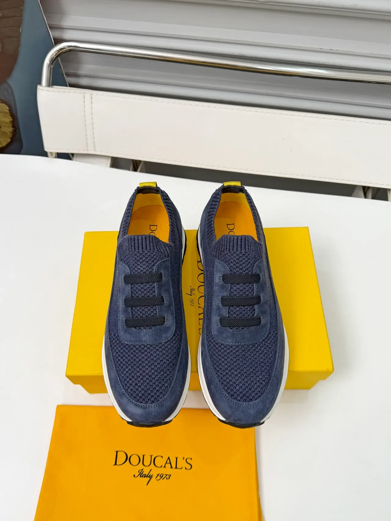 DOUCAL'S Navy Knit e Suede Sem Cadarço Slip-On Lifestyle Tênis 4