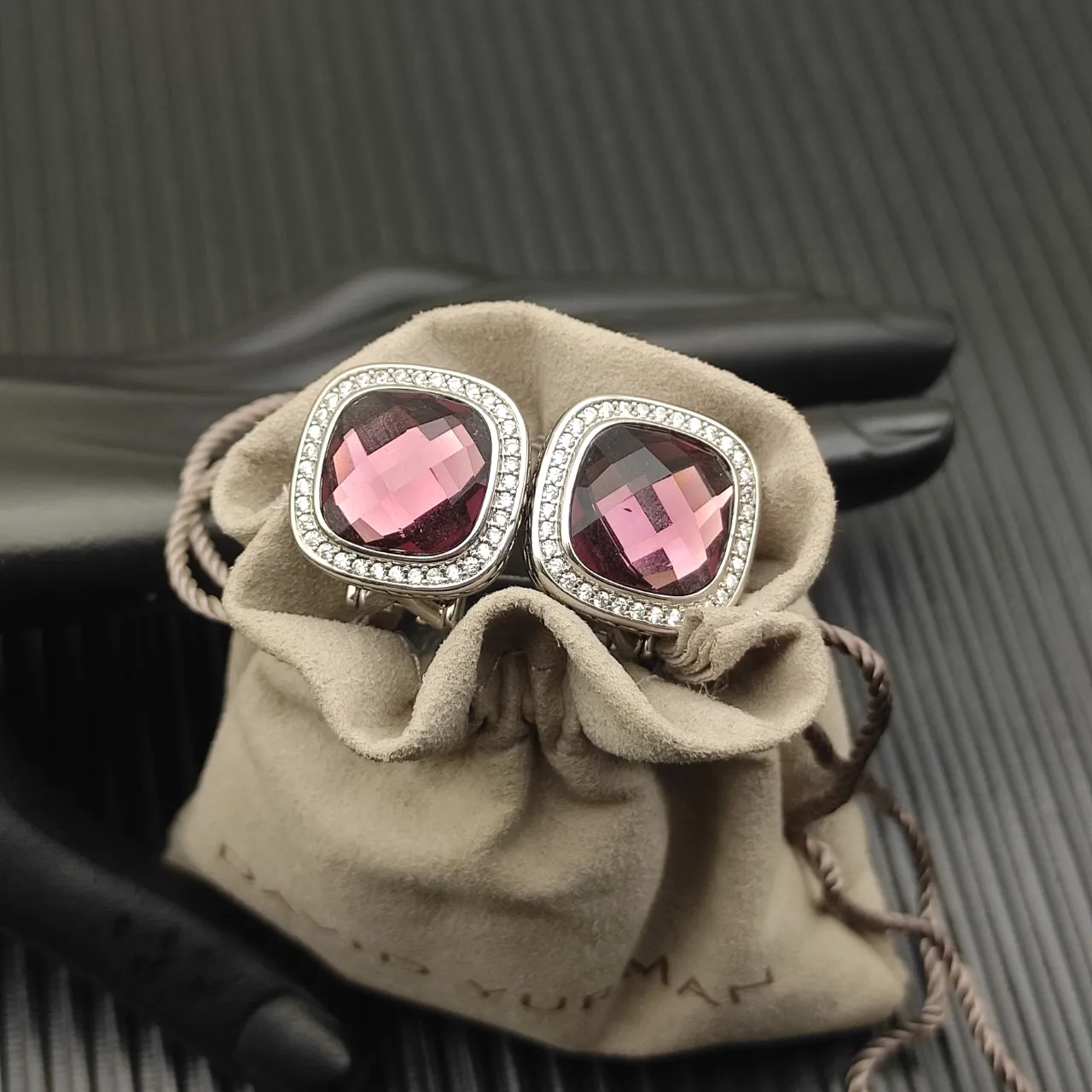 Faceted Burgundy Cushion-Cut Stone Pavé Halo Stud Earrings 6