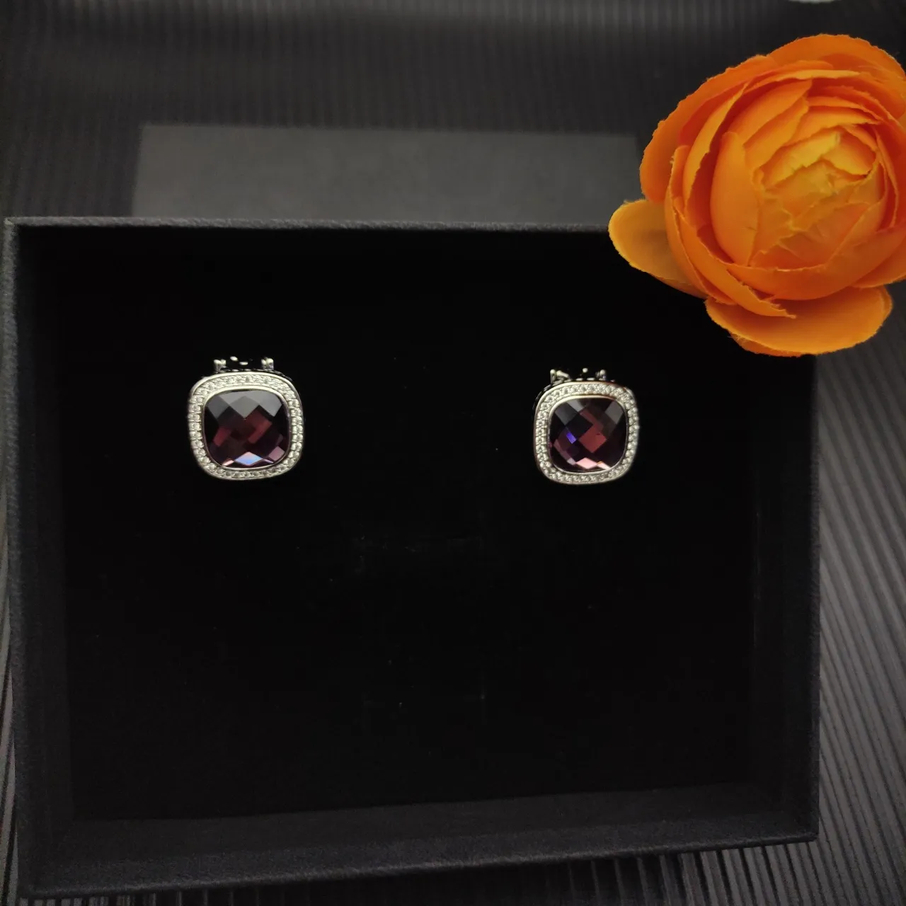 Faceted Burgundy Cushion-Cut Stone Pavé Halo Stud Earrings 7