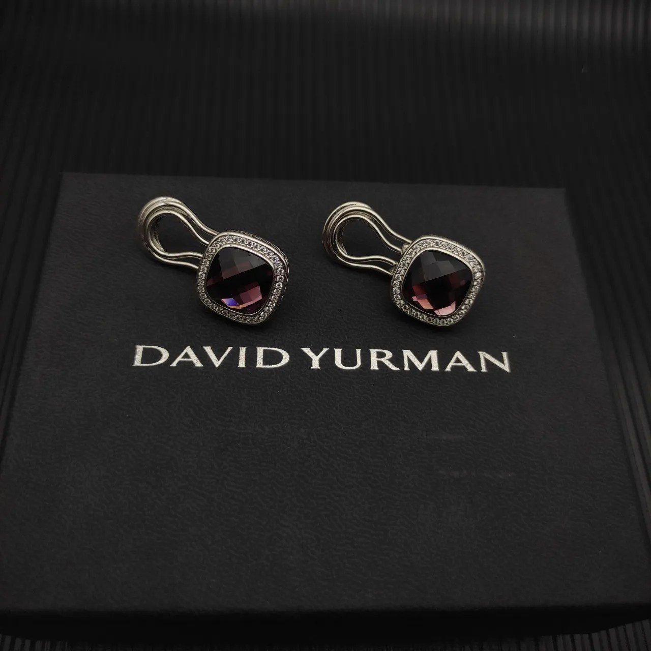 Faceted Burgundy Cushion-Cut Stone Pavé Halo Stud Earrings 8