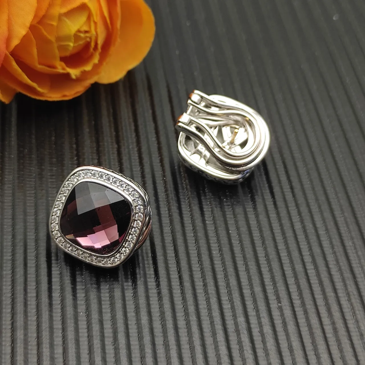 Faceted Burgundy Cushion-Cut Stone Pavé Halo Stud Earrings 9