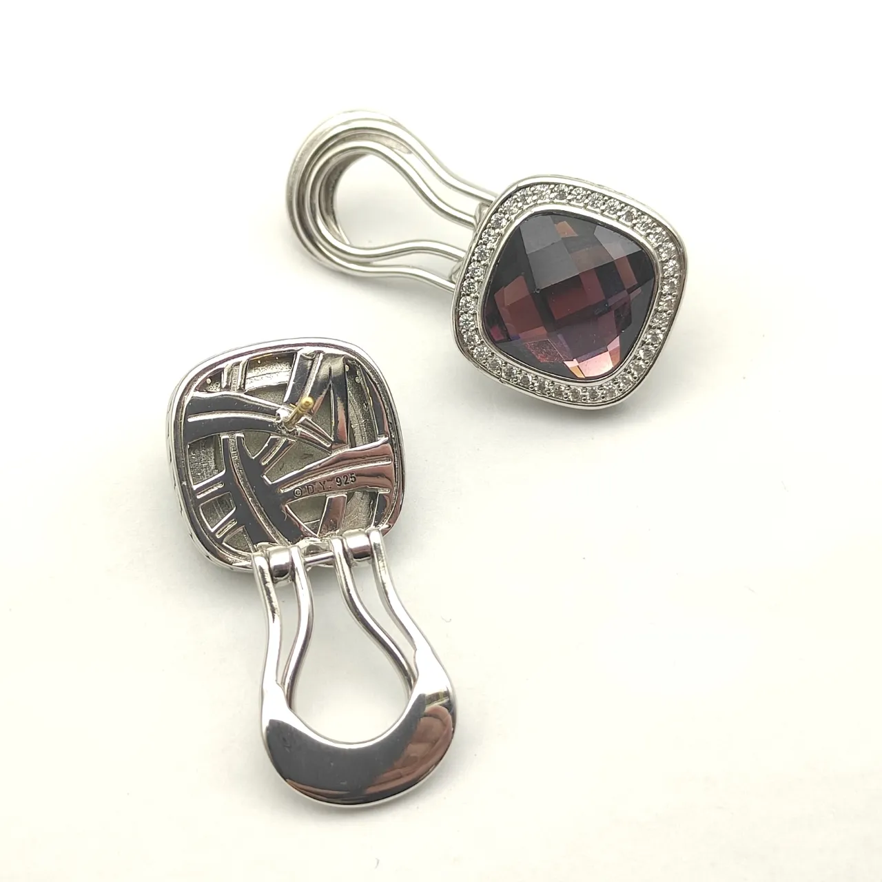 Faceted Burgundy Cushion-Cut Stone Pavé Halo Stud Earrings 10