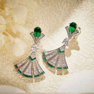 Fan Motif Emerald and Diamond-Pavé Drop Earrings