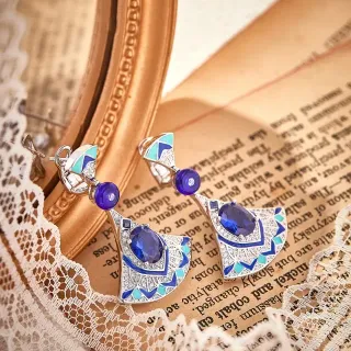 Fan-Shaped Enamel and Blue Gemstone Dangle Earrings