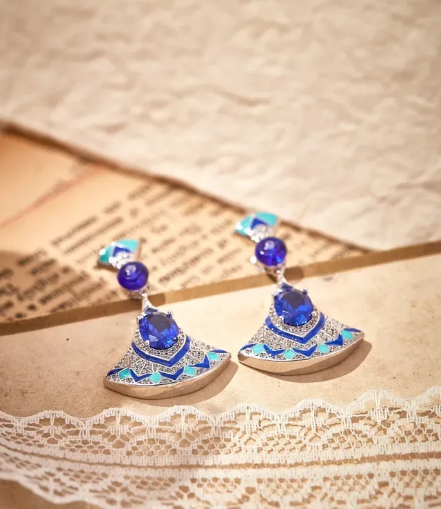 Fan-Shaped Enamel and Blue Gemstone Dangle Earrings 2