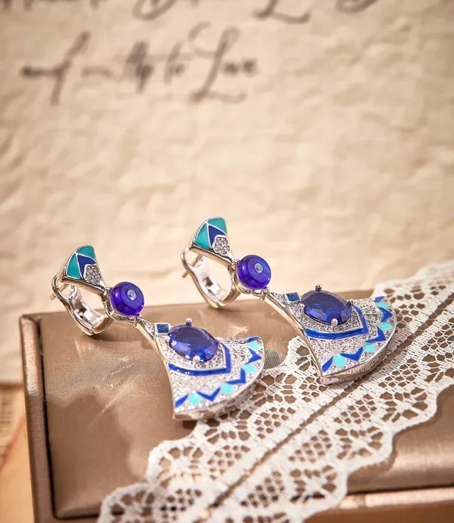 Fan-Shaped Enamel and Blue Gemstone Dangle Earrings 3
