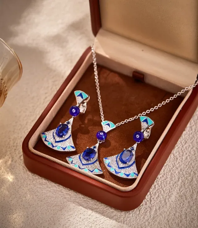Fan-Shaped Enamel and Blue Gemstone Dangle Earrings 6