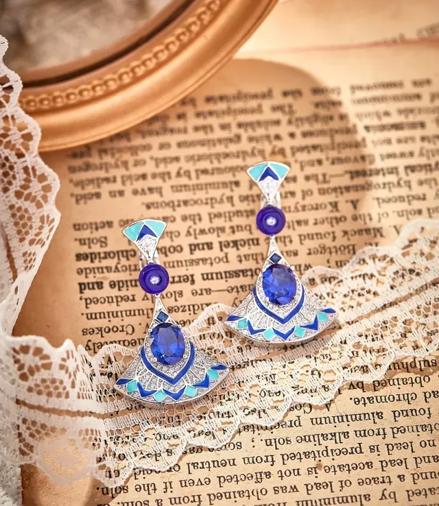 Fan-Shaped Enamel and Blue Gemstone Dangle Earrings 7