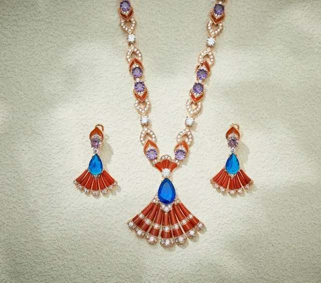 Fan-Shaped Enamel and Gemstone Pendant Necklace 2
