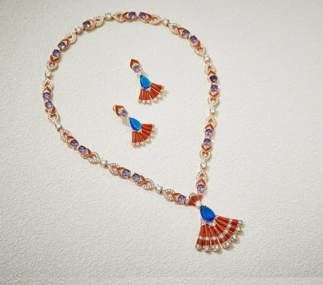 Fan-Shaped Enamel and Gemstone Pendant Necklace 4