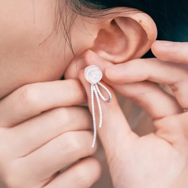Floral Mother-of-Pearl and Pavé Crystal Bow Earrings 5