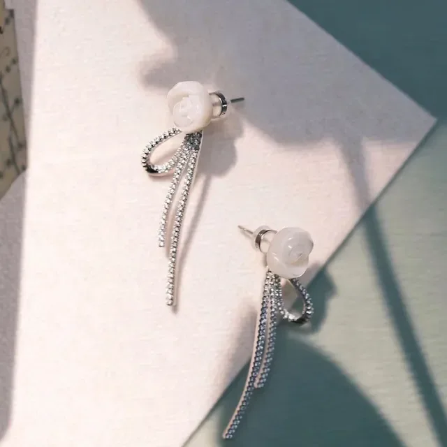 Floral Mother-of-Pearl and Pavé Crystal Bow Earrings 6