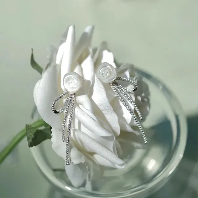 Floral Mother-of-Pearl and Pavé Crystal Bow Earrings 7