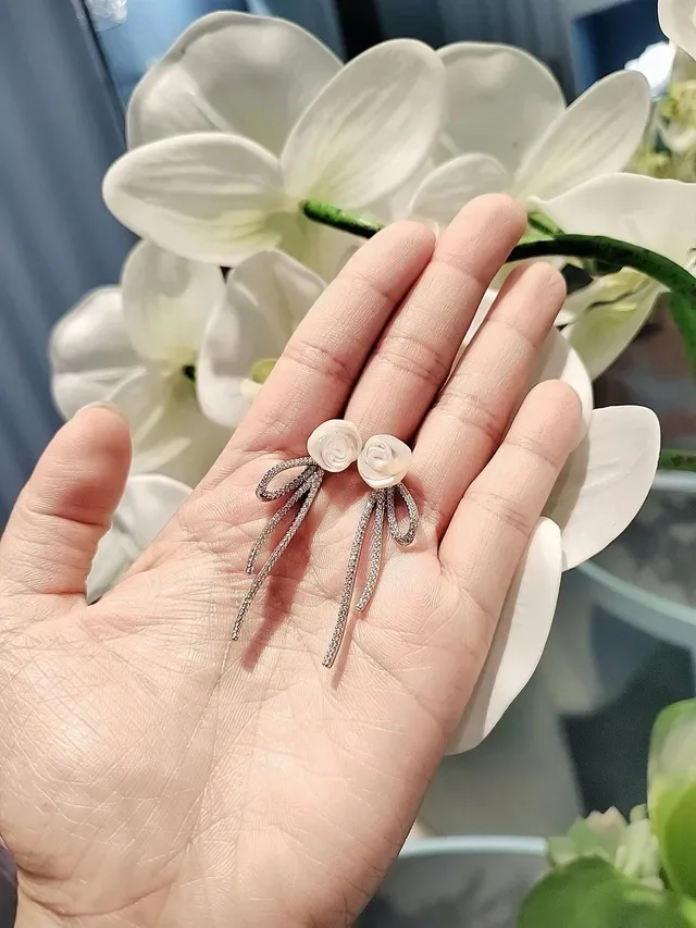 Floral Mother-of-Pearl and Pavé Crystal Bow Earrings 8