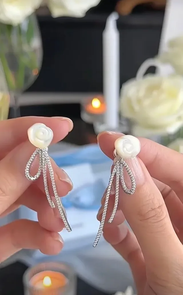 Floral Mother-of-Pearl and Pavé Crystal Bow Earrings 9