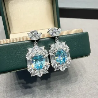 Floral Motif Blue and Clear Stone Cluster Drop Earrings