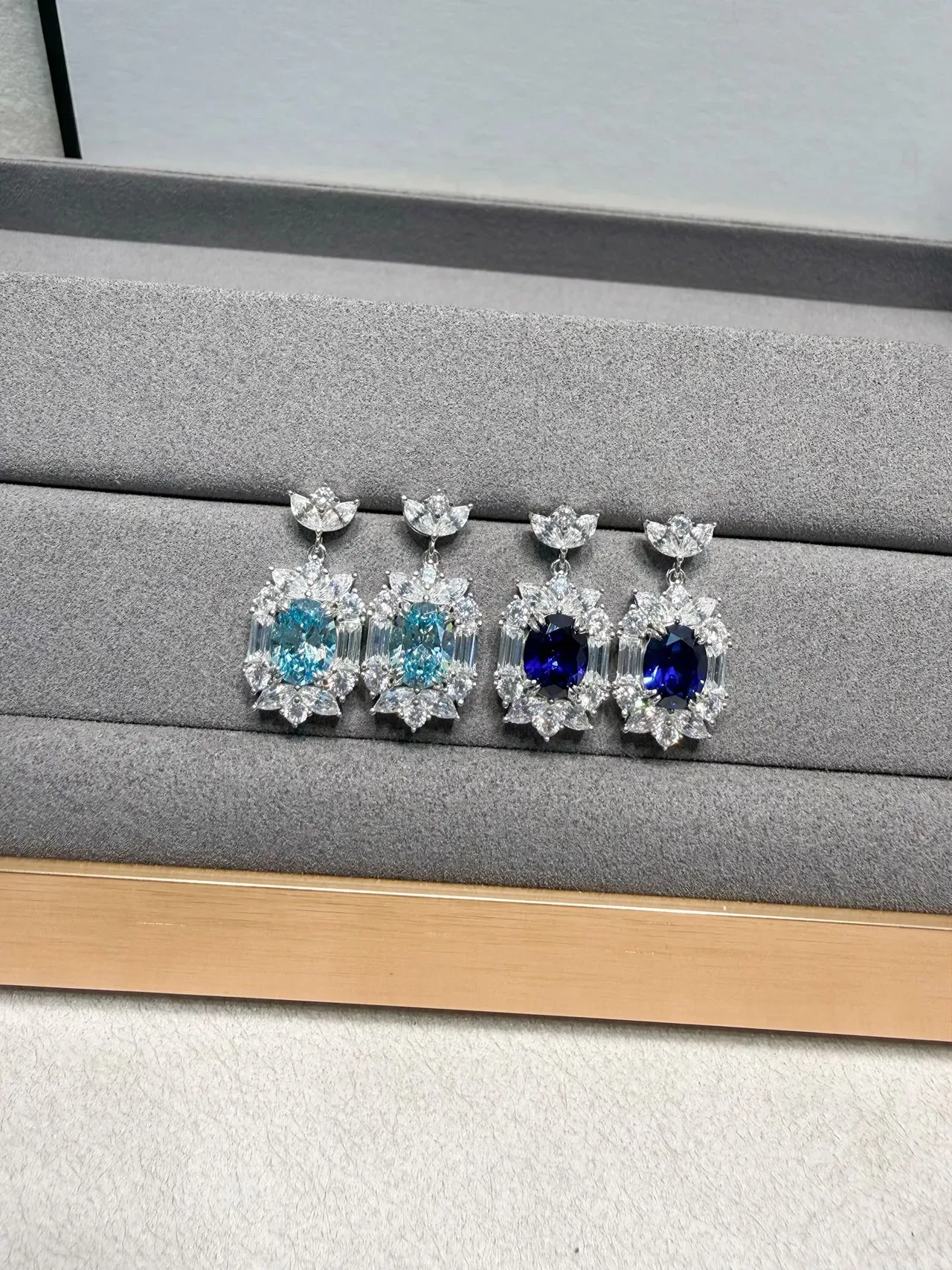 Floral Motif Blue and Clear Stone Cluster Drop Earrings 2