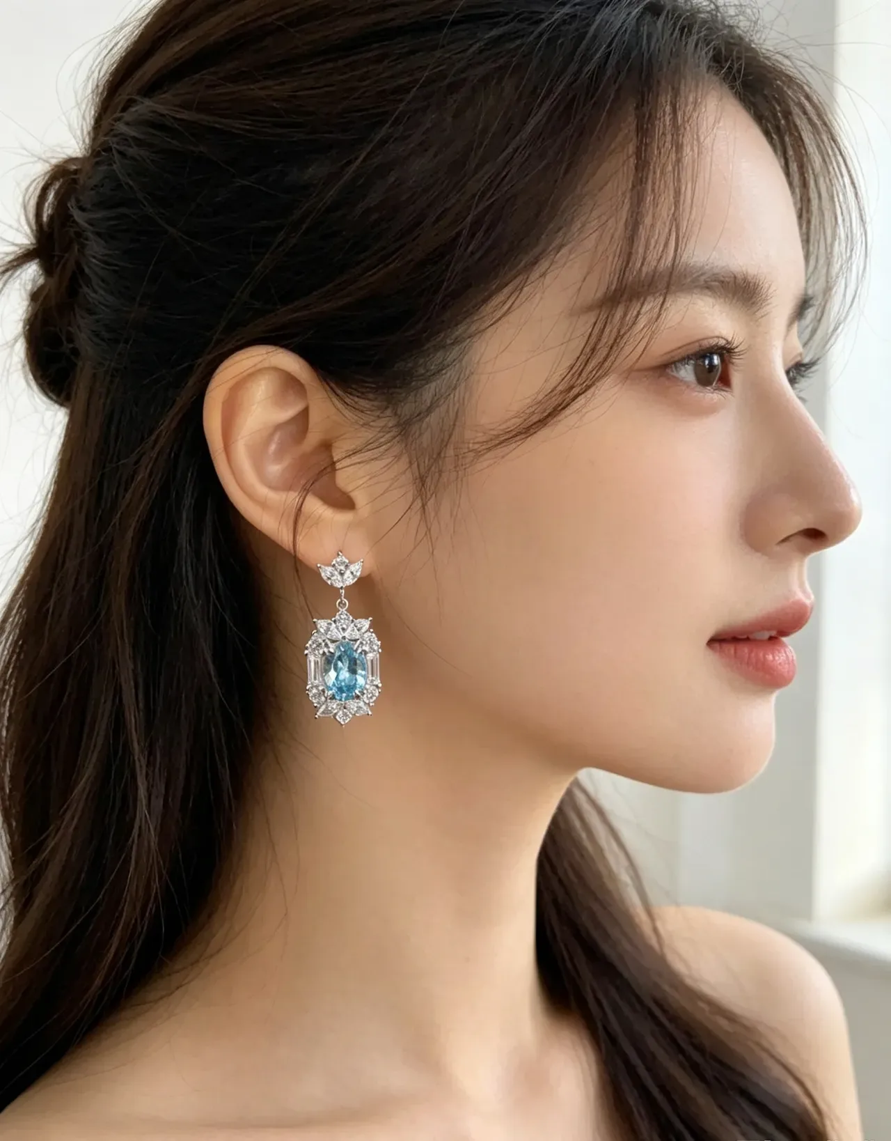 Floral Motif Blue and Clear Stone Cluster Drop Earrings 9